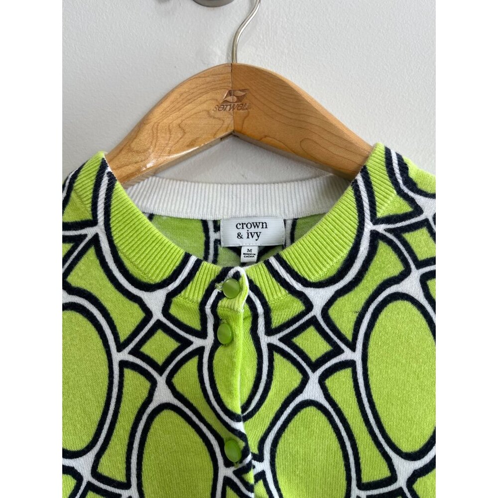 Crown & Ivy Cardigan Sweater Womens M Lime Green Print Lightweight - Picture 3 of 7